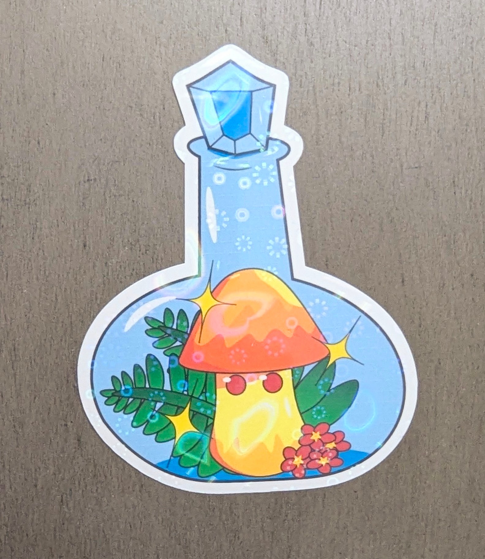 2" Holographic Orange Mushroom in Bottle Sticker