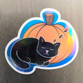 Holographic Sleeping Black Cat with Pumpkin Sticker 3"
