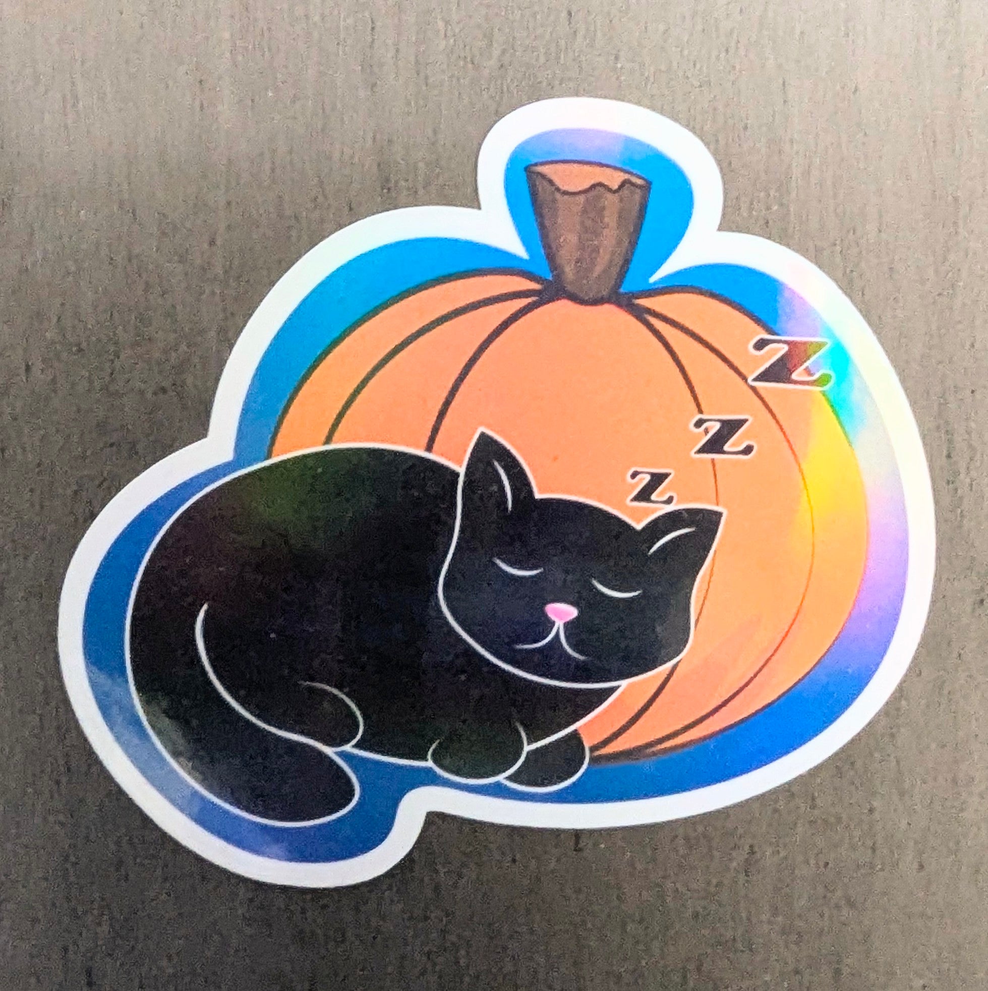 Holographic Sleeping Black Cat with Pumpkin Sticker 3"