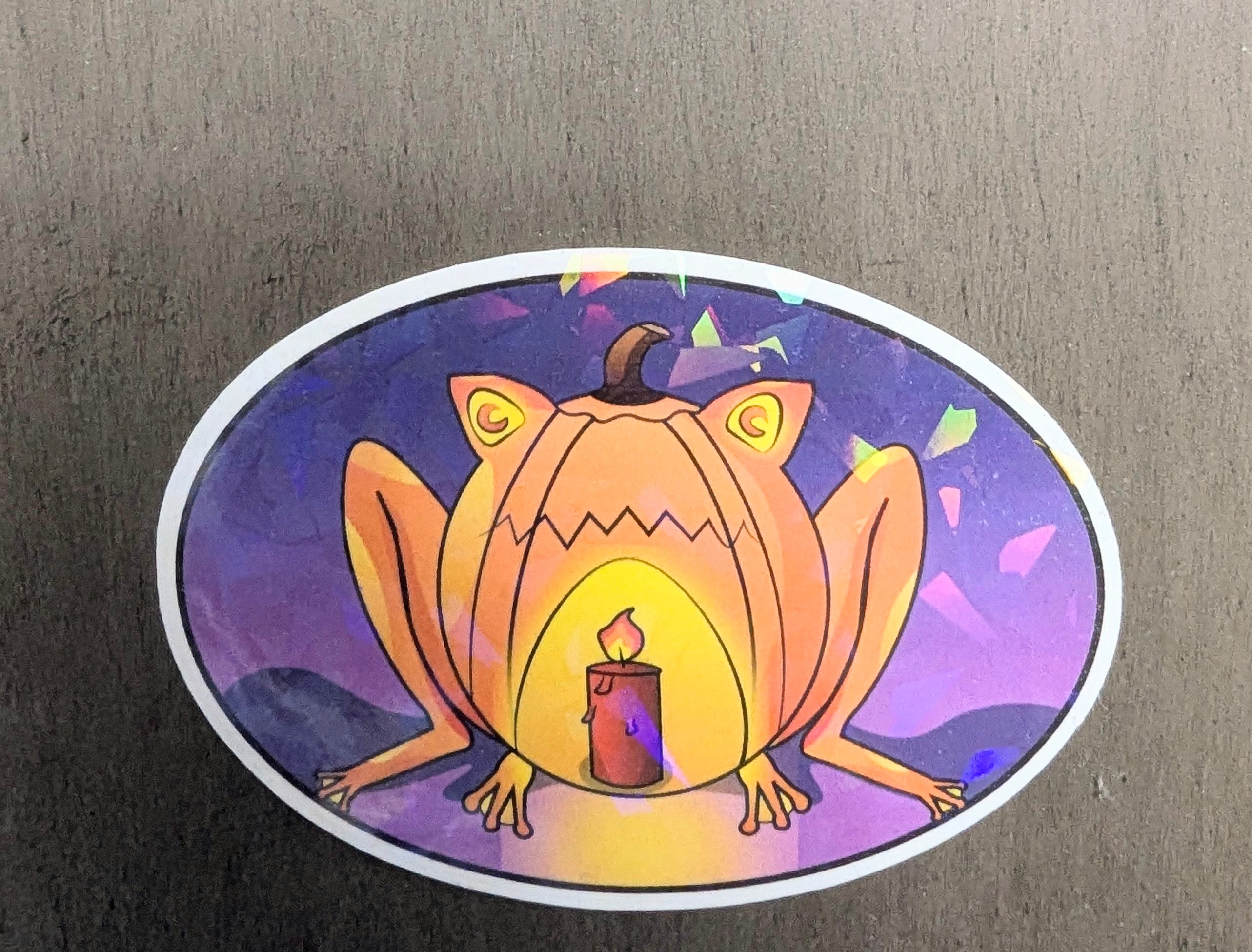 3" Holographic Pumpkin Frog with Purple Background Sticker
